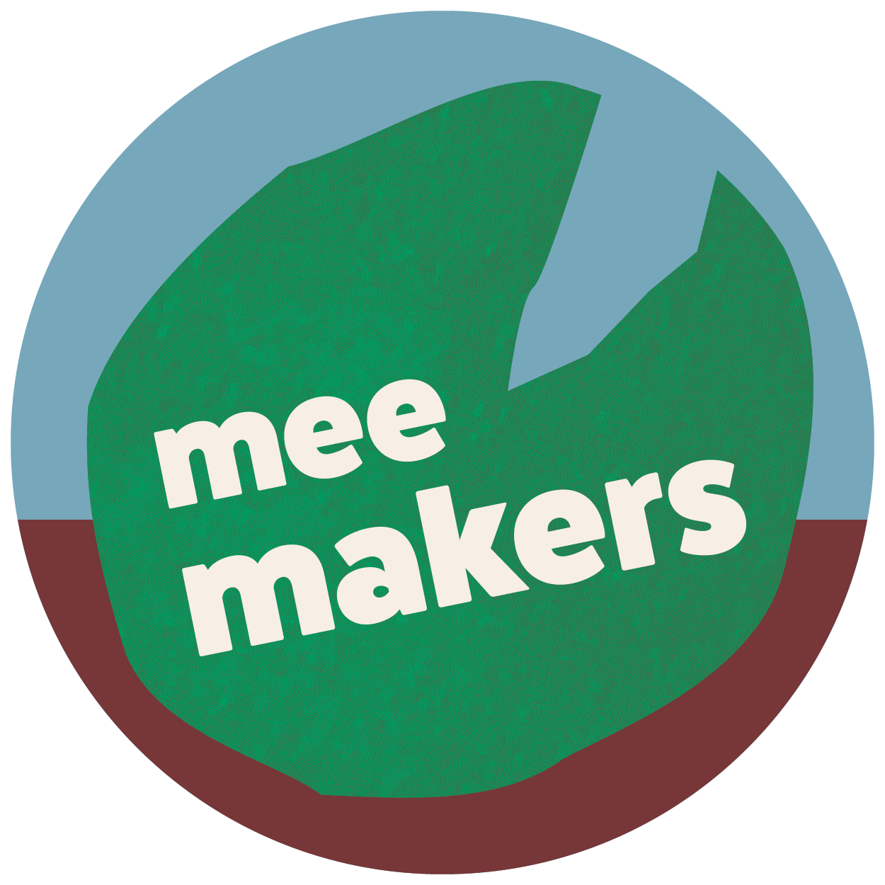 Logo van Meemakers: cirkel met rood, blauw en groen vlak en het woord 'meemakers'