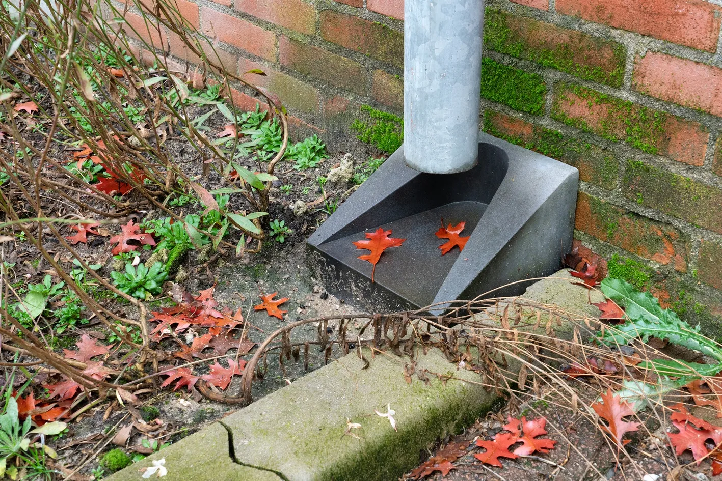 Regenpijp die bij de grond uitkomt op een afvoerbakje