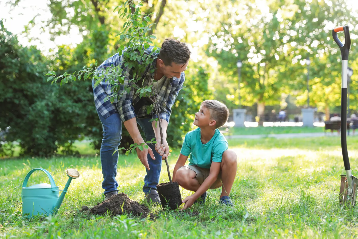 Man en kind planten samen een boom op een grasveld