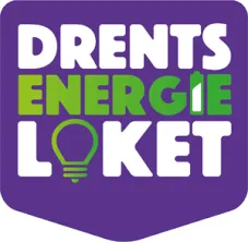 Paarse vlak met daarin de naam Drents Energie Loket in groen en wit