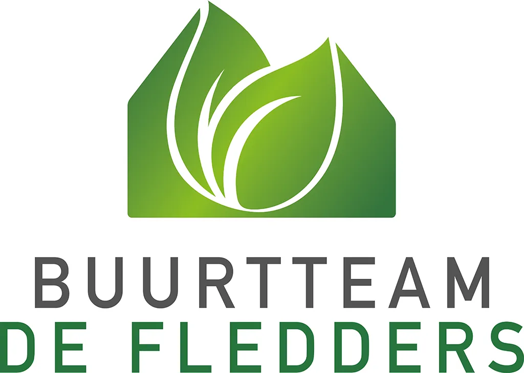 Logo Buurtteam De Fledders met de naam en groene silhouetten van twee huisjes met twee groene blaadjes erin