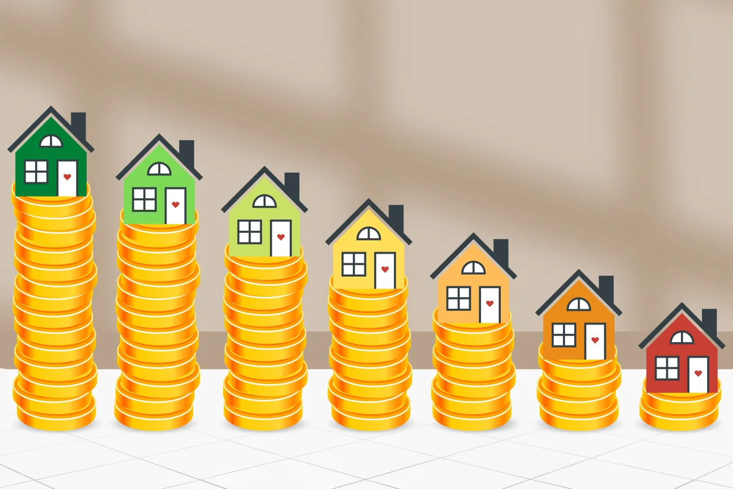 7 stapels met muntgeld, aflopend van links naar rechts, met op elke stapel een kleine huisje in de kleuren groen, geel, oranje en rood